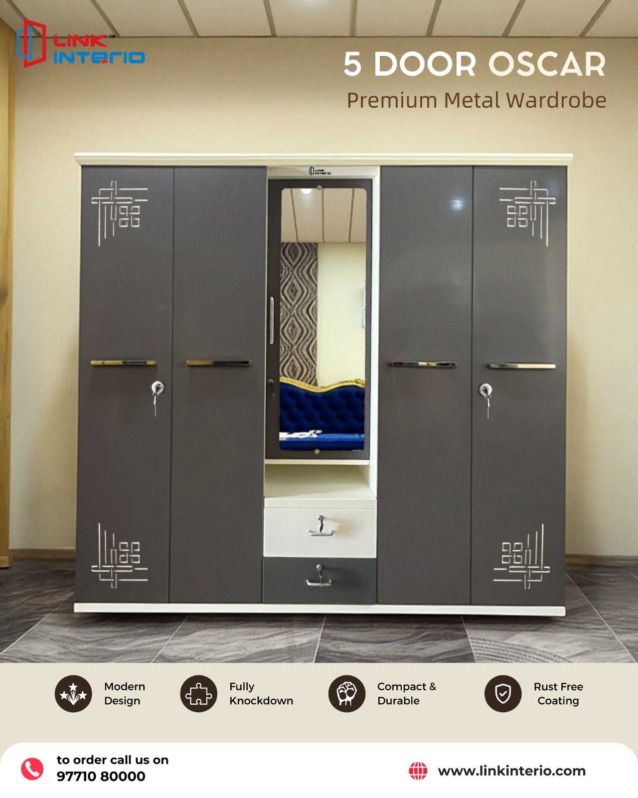 5 Door Oscar Premium Metal Wardrobe